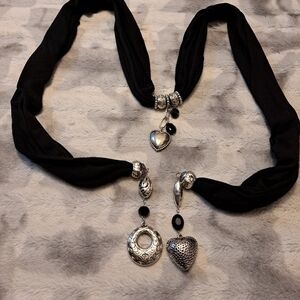 Black Scarf With Silver Charms & Embellishments